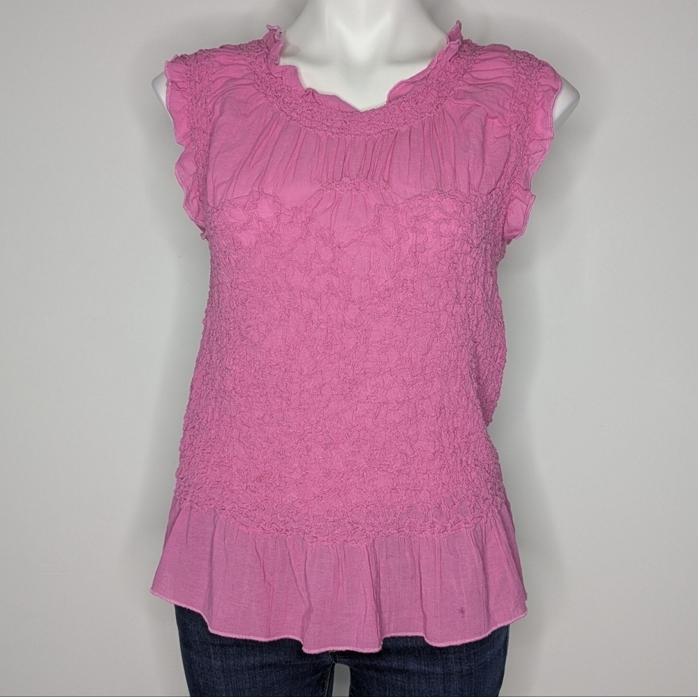 Free People Pink Sheer Ruffle Stretchy Blouse L